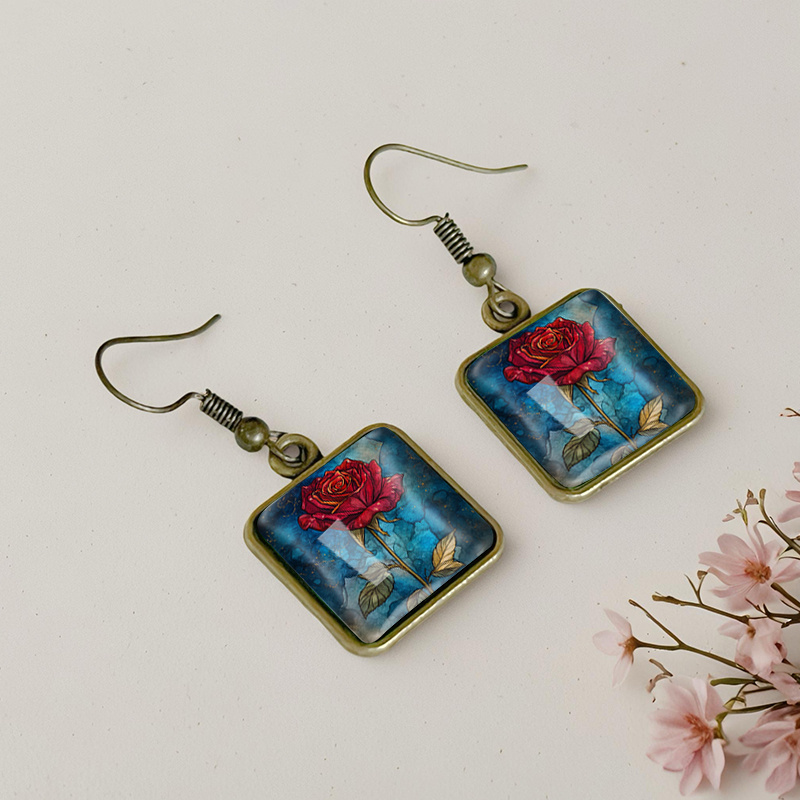 Women's Handmade Red Rose Square Dangle Earrings, Spiritual Gift